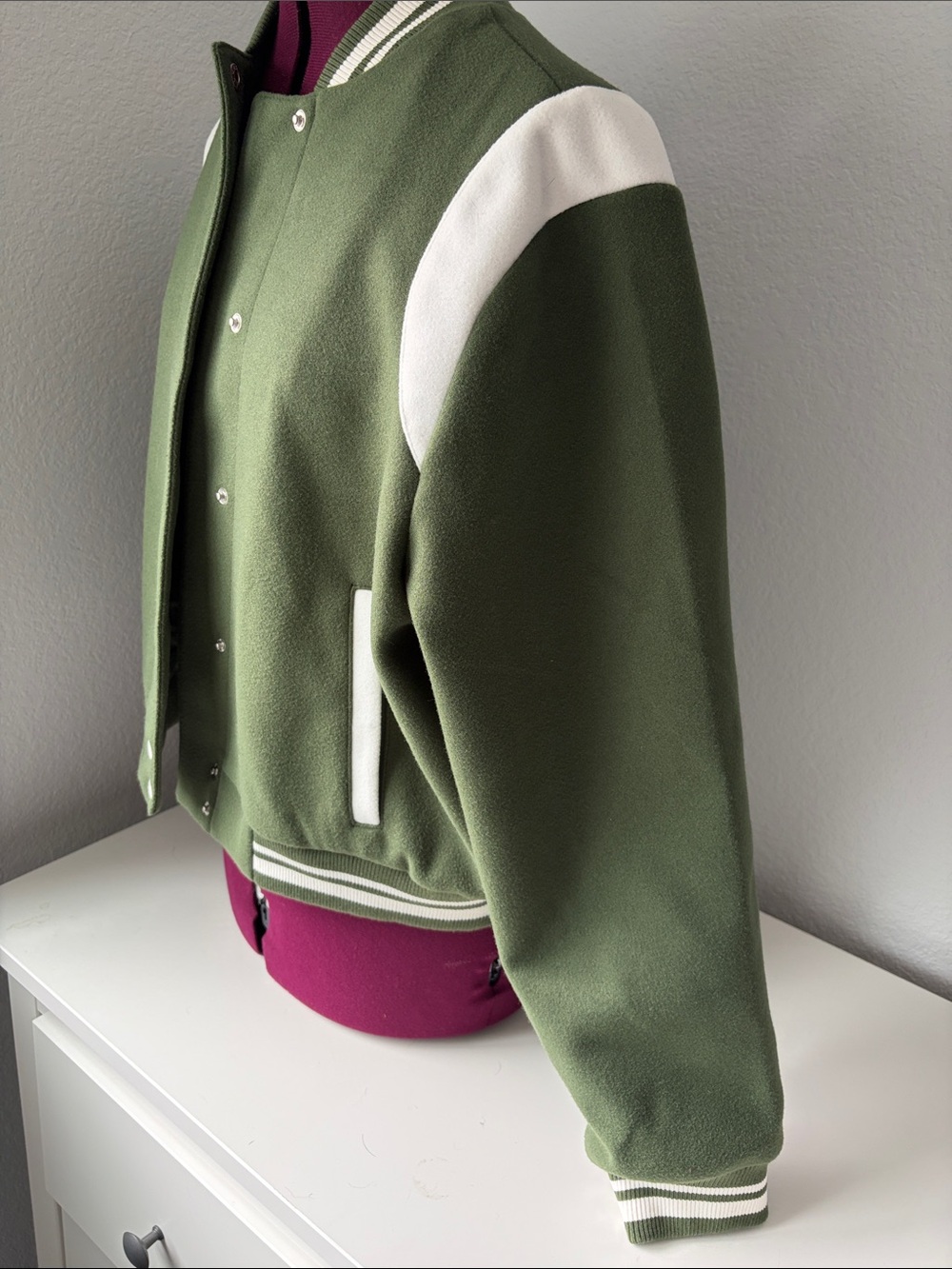 Olive Green Varsity Jacket with White Accents - Picture 4 of 5